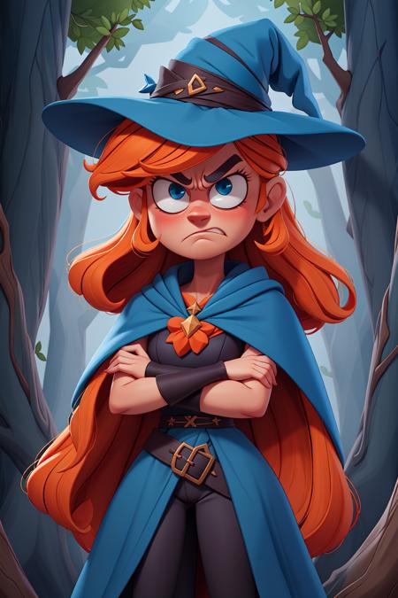 49970-2534167504-masterpiece, best quality, angry female witch in the forest with arms crossed wearing a blue pointy hat and orange hair and a bl.png